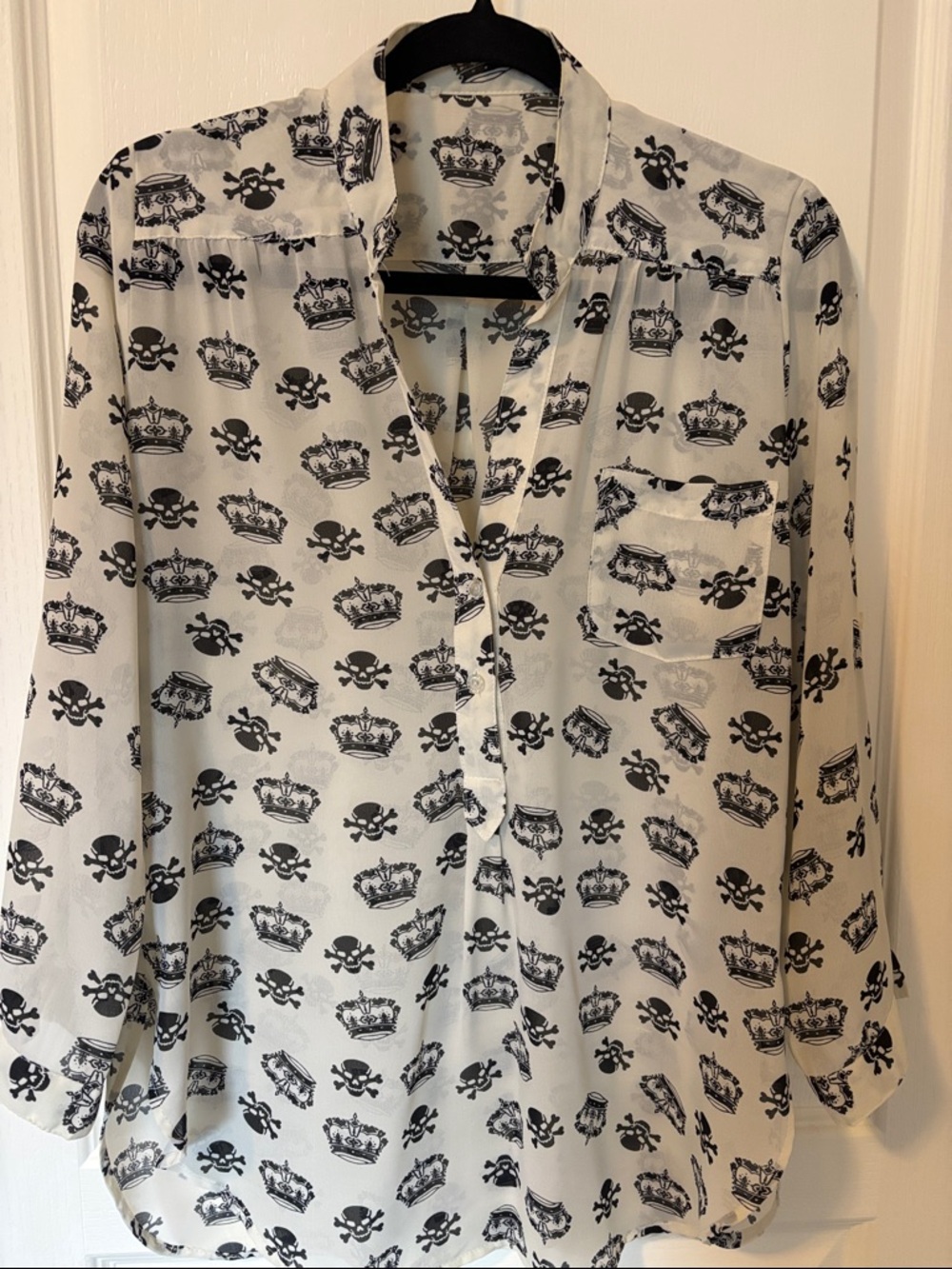 Lightweight White Button-Front Blouse with Black Crown & Skull Print